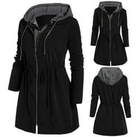 Womenенски моден крпеница зимска качулка плус палто со палто со патент со џебна црна l