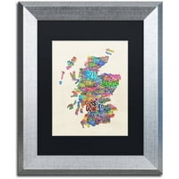 Трговска марка ликовна уметност Шкотска типографија мапа на текст Канвас уметност од Мајкл Томпсет, црна мат, сребрена рамка