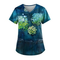 Кратки Ракави Блузи Работна Облека Графички Отпечатоци Блузи V-Вратот Мода За Жени Темно Зелена С