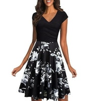 TKing Модни Жени Обични V-Вратот Краток Ракав Летен Цвет Печатење Коленото Должина Фустан За Плажа Црна 2XL