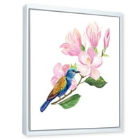 DesignArt 'Сина птица што седи на розова магнолија' Традиционална врамена платна wallидна уметност