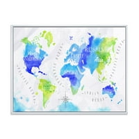 DesignArt 'Светска мапа во сина и зелена' модерна врамена платна wallидна уметност печатење