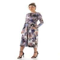 Удобност облека за жени, сина цветна долга ракав плетен џеб миди фустан