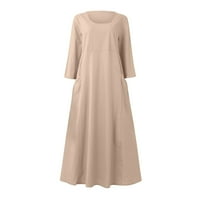 Cuoff Women's Fashion Casual Solid Colour Sleeve Cotton Linen Pocket Dress Beige 5XL