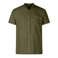 Машко копче надолу памучни постелнини маици стојат јака џеб кардиган лабава врвови цврсти кратки ракави обична блуза