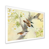 DesignArt 'Птици што седат на цветен јаболкница' Традиционално врамен уметнички печати