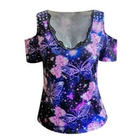 Виолетови Маици За Жени Летни Секојдневни Врвови За Маици Печатени Со Кратки Ракави V Блуза За Вратот Плус Големина