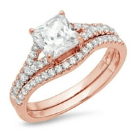 3. КТ брилијантна принцеза исечена симулиран дијамант 14K розово злато солита со акценти невестински сет SZ 6,5