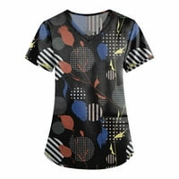 Дозвола Лето Блузи V-Вратот Графички Отпечатоци Блуза Работна Облека Жени Мода Краток Ракав Блузи, Црна, XXXL
