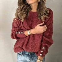 Женска Мода Еднобоен Тркалезен Врат Топол Џемпер Со Пуловер Со Долги Ракави