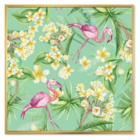 DesignArt 'Yellowолти цвеќиња, тропско зеленило со flamingo v' традиционално врамено платно wallидно печатење