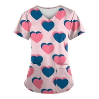 Жените Мода Денот На Вљубените Печати V-Вратот Краток Ракав Работна Облека Со Џебови Блузи Сина XXXXL