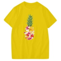 Кошули со попуст за жени жени летни модни врвови на екипажот, пријатна блуза со кратки ракави кошула, цветни ананас графички