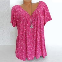 Тавоп Плус Големина Блузи Жени Плус Големина Кратки Ракави В-Вратот Печатење Блуза Пуловер Блузи Кошула Топла Розова 2Xl