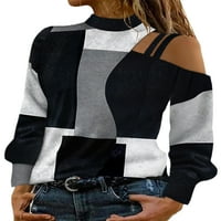 Glonme Ladies Tee ладно рамо маица со долги ракави маица празник удобно пуловер мека боја блоза на тунична блуза црна м