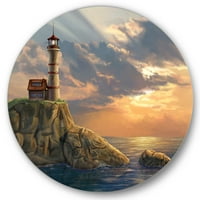 DesignArt 'Светилник на карпеста крајбрежна карпа на вечерната светлина' Наутички и крајбрежен круг метална wallидна уметност