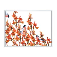 DesignArt „Стадото на Bullfinches птици кои седат на традиционалното рамка за платно на платно на портокалови гранки