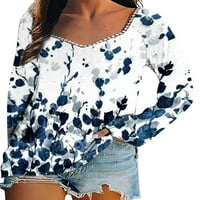 Рејлун Дами Цветни Врвови За Печатење Секојдневна Блуза Со Туника За Вратот Дневна Облека Пуловер Темно Сина
