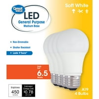 LED сијалица со одлична вредност, 6,5W Смишна основа за општа намена, средна основа, немоќна, мека бела, 4-пакет